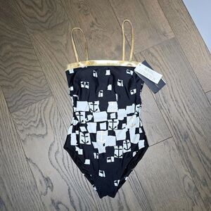 🆕️ Gottex Sailor Nautical One Piece Strapless Swimsuit in Black & Gold